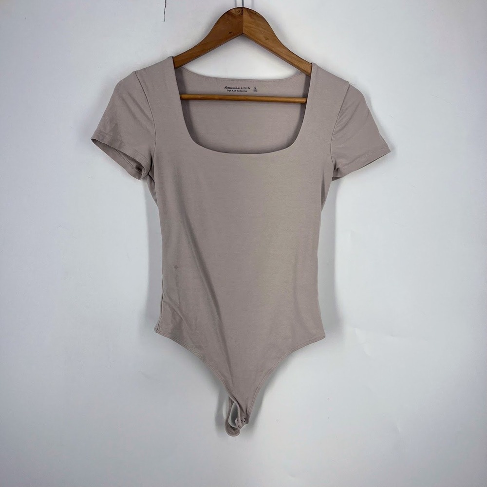 Abercrombie & Fitch Soft A&F Square Neck Short Sleeve Bodysuit Taupe Medium